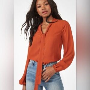 New Women JustFab Rust Orange Blouse with Tie Neck